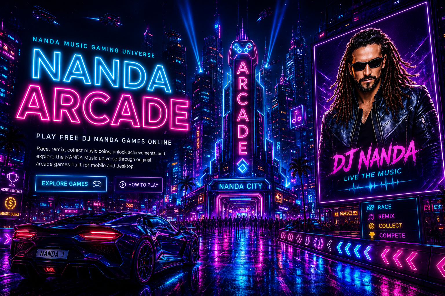 NANDA Arcade cyberpunk city hero image featuring DJ NANDA and NANDA City